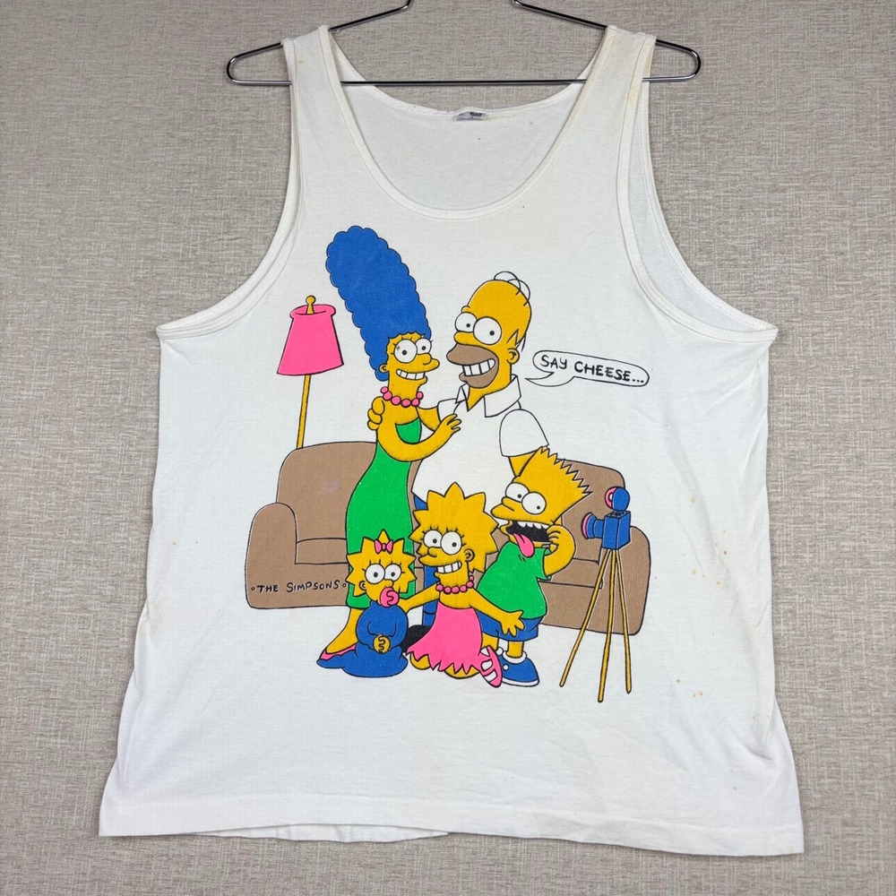 Vintage The Simpsons Say Cheese Family Portrait Tank Top White XL 90s Graphic